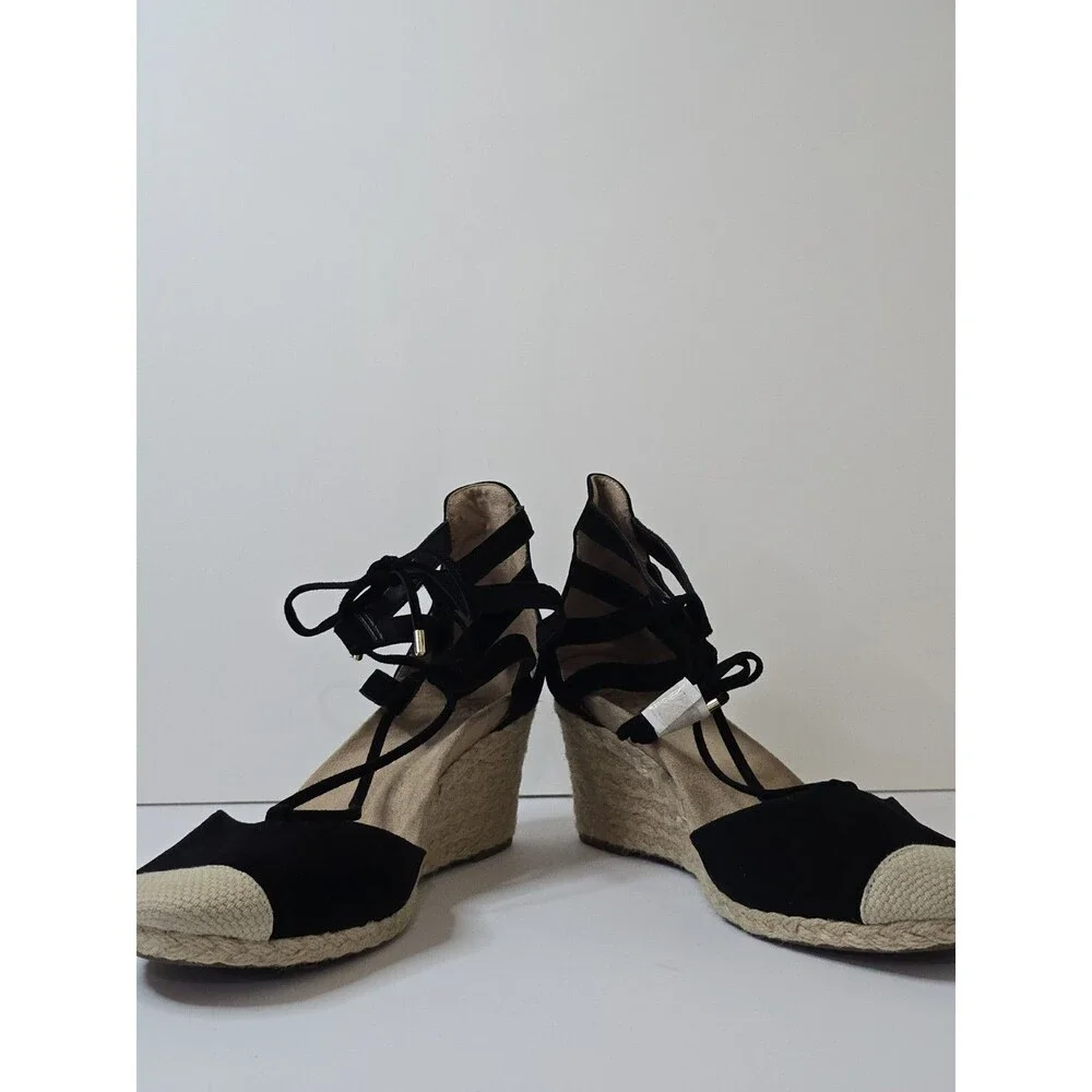Vionic Calypso Espadrille Wedge Sandals Black Suede Lace Up Women's Size 11